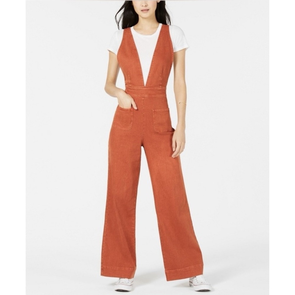 Dollhouse Size 9 Rust Orange Denim Wide Leg Overall Jumpsuit Deep V Boho 70s